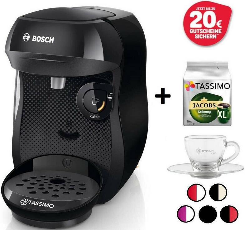 Bosch Tassimo Happy Kapsel Maschine +20€ Gutschein + Tasse + Jacobs Krönung XL für 29,99€ (statt 38€)