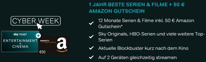 Sky Ticket Cyber Week   Entertainment & Cinema Paket + 50€ Amazon Gutschein für 9,98€ mtl.