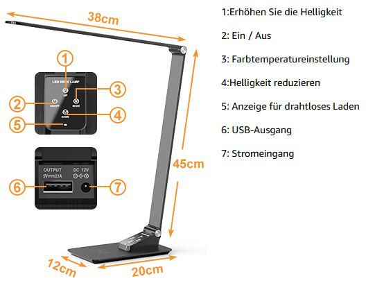 ‎ZOVER TX18 LED Schreibtischlampe mit 5 Farbstufen & 10W Qi Ladestation für 22,19€ (statt 37€)