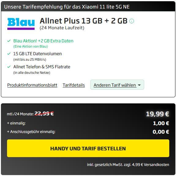 Xiaomi 11 lite 5G NE mit 128GB + Mi TW Earphones 2 Basic für 1€ + Blau o2 Allnet Flat mit 15GB LTE für 19,99€ mtl.