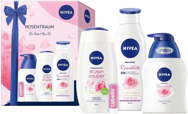 NIVEA Rosentraum Geschenkset mit Body Lotion, Pflegedusche, Handseife und Labello für 6,26€ (statt 12€)   Prime