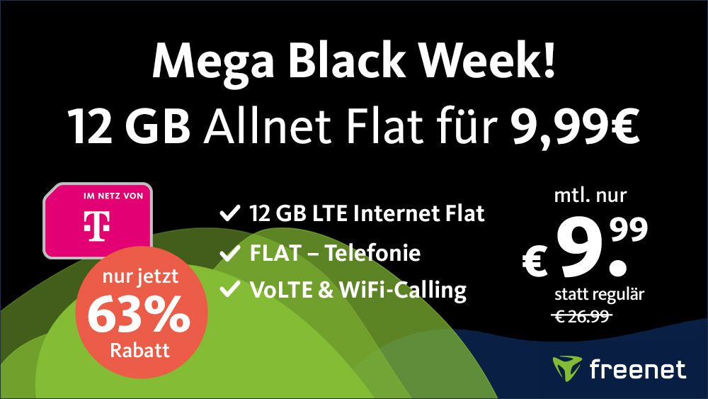 🔥 Black Week bei freenet   z.B. Telekom Allnet 40GB LTE für 19,99€ mtl.