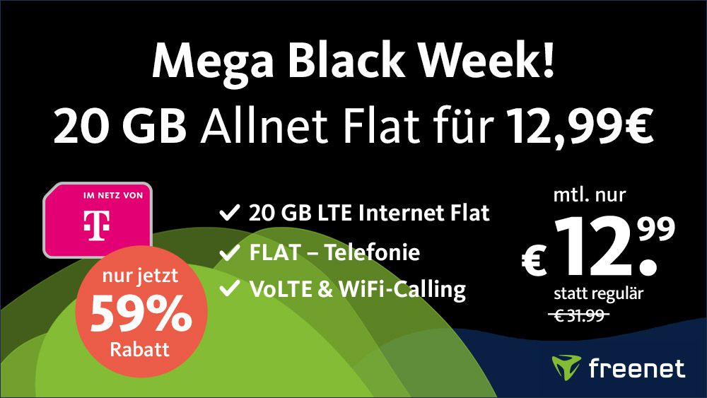 🔥 Black Week bei freenet   z.B. Telekom Allnet 40GB LTE für 19,99€ mtl.