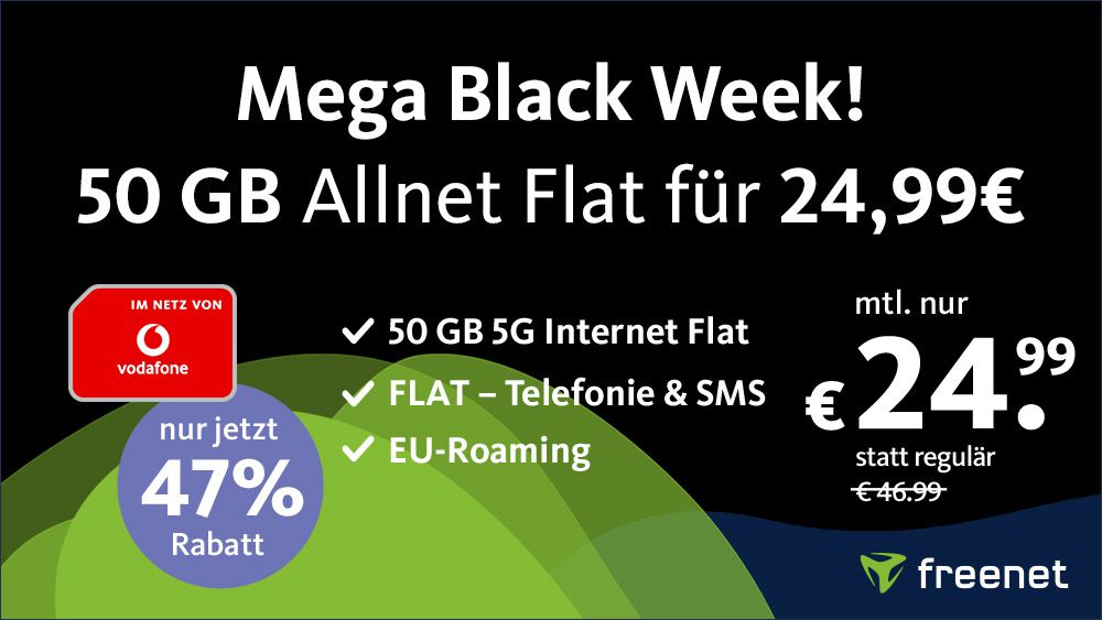 🔥 Black Week bei freenet   z.B. Telekom Allnet 40GB LTE für 19,99€ mtl.