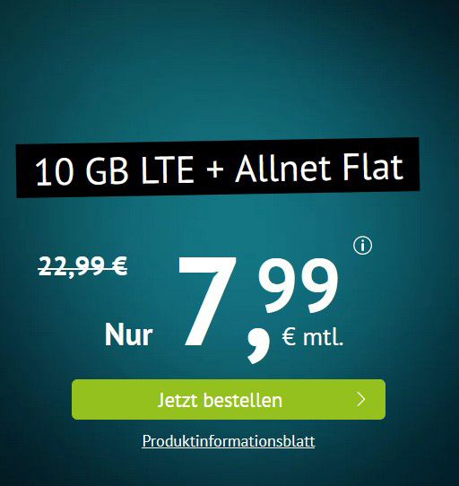 o2 AllNet & SMS Flat + 10GB LTE mit 50 Mbit/s für 7,99€ oder 20GB für 12,99€   mtl. kündbar