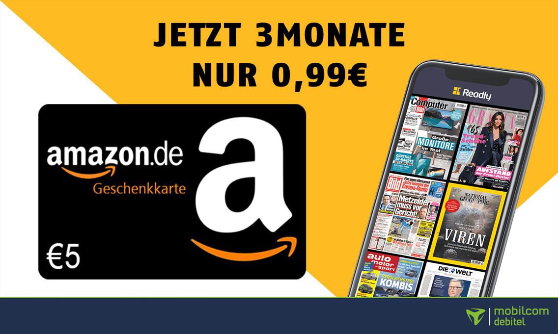3 Monate Readly für einmalig 0,99€ + 5€ Amazon.de Gutschein