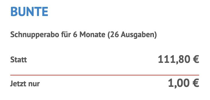 26 Ausgaben BUNTE für 1€ direkt reduziert