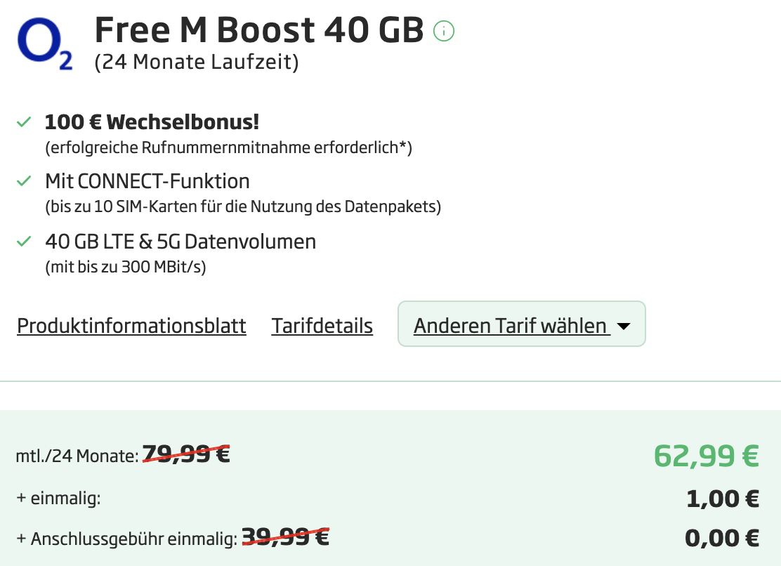 Apple iPhone 13 Pro für 1€ + o2 Allnet Flat mit 40GB LTE/5G für 62,99€ mtl. + 100€ Wechselbonus