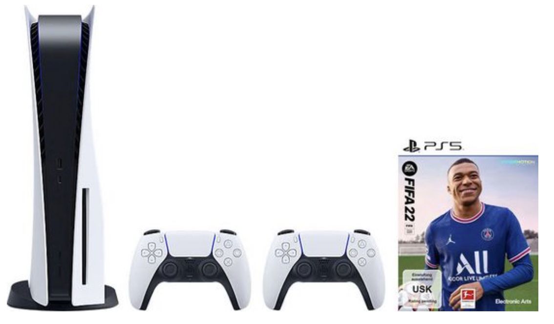 PlayStation 5 mit Laufwerk inkl. 2. DualSense Controller + FIFA 22 für 629€   Neukunden 582€