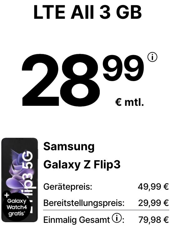 KNALLER 🔥 Samsung Galaxy Z Flip3 5G mit 128GB + Galaxy Watch4 für 49,99€ + o2 Allnet Flat inkl. 3GB LTE für 28,99€ mtl. + 200€ Tauschbonus
