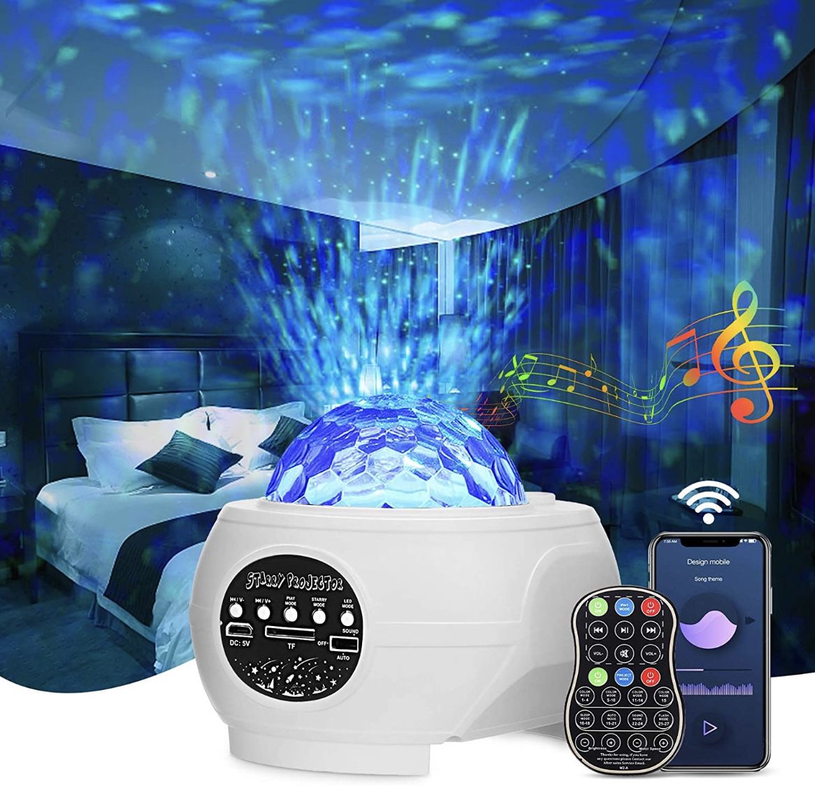 LED Sternenhimmel Projektor mit Musik & Rotierende Wasserwellen/Sternen für  16,49€ (statt 30€)