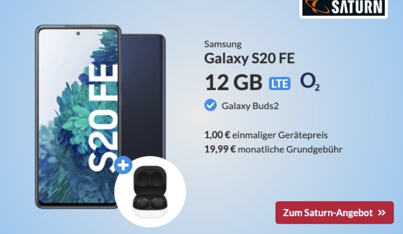 HOT! Samsung Galaxy S20 FE + Galaxy Buds 2 + 12GB LTE o2 Allnet für 19,99€ mtl.