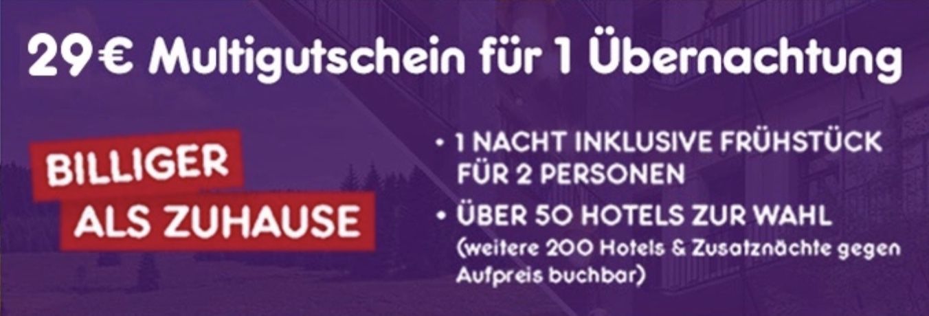 Hotel Gutschein (50 Hotels) für nur 29€ pro Nacht   für 2 Personen inkl. Frühstück (14,50€ p.P.)