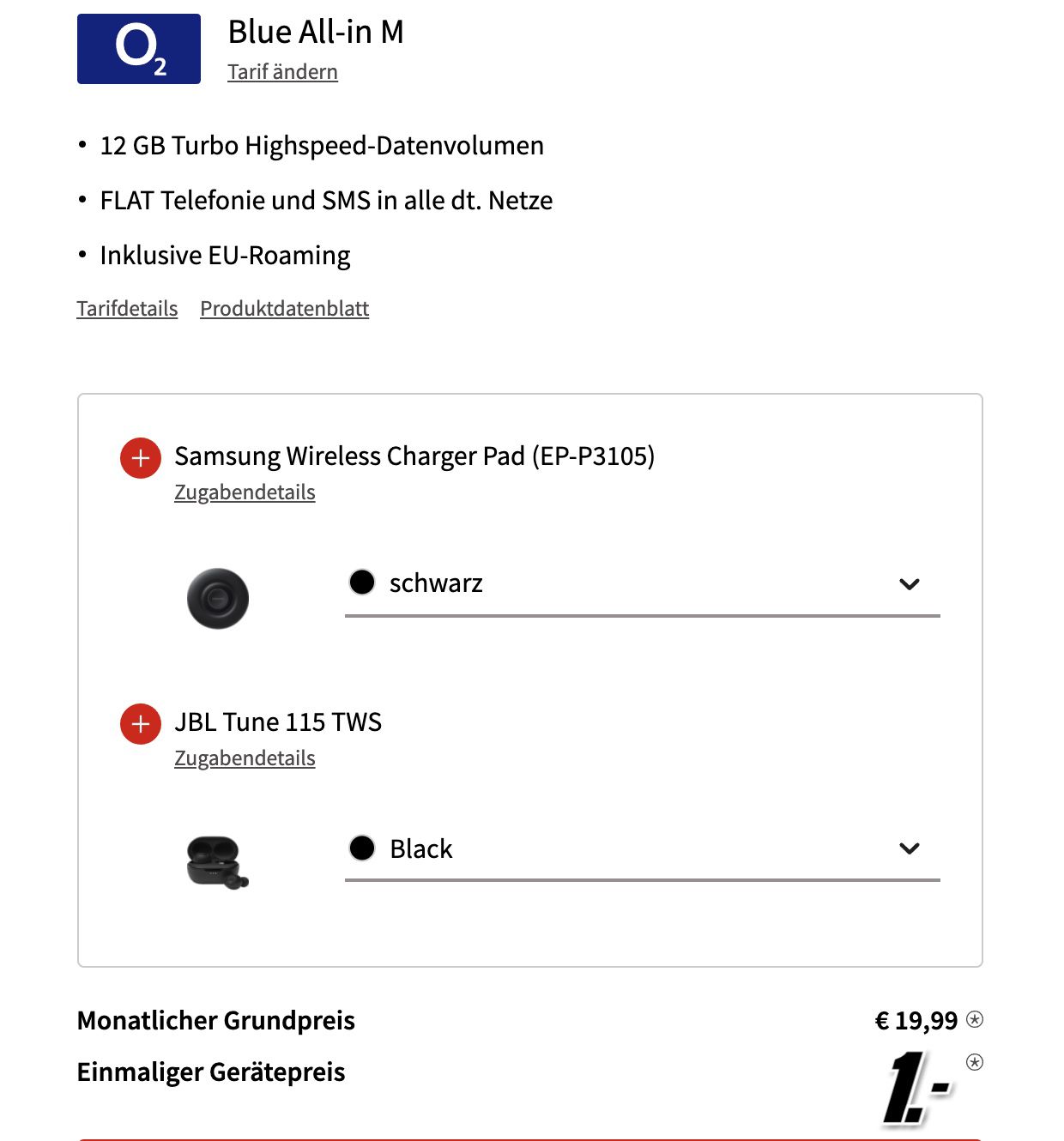 Samsung Galaxy S20 FE 128GB + wireless Charger Pad + HBL In Ears für 1€ + o2 Allnet Flat 12GB LTE für 19,99€ mtl.
