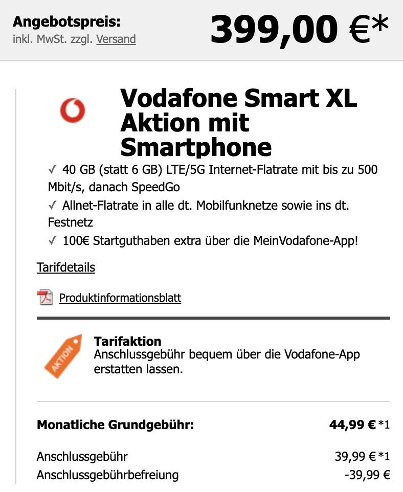 Apple iPhone 13 Pro Max mit 128GB für 399€ + Vodafone Allnet Flat mit 40GB LTE/5G für 44,99€ mtl. + 100€ Startguthaben
