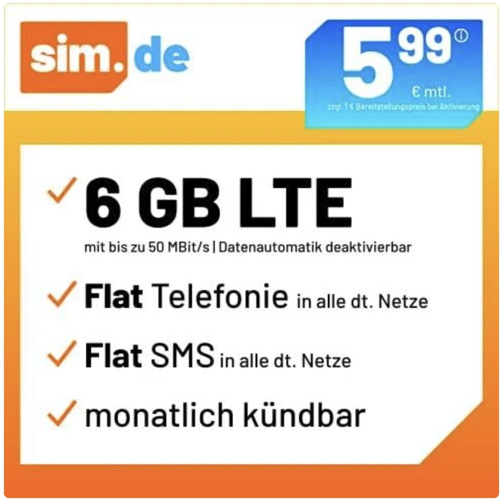 Sim.de: o2 Allnet Flat mit 6GB LTE für 5,99€ mtl. + keine Laufzeit