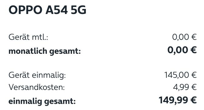 Oppo A54 5G mit 64GB + Oppo Band Sport für 149,99€ (statt 210€)