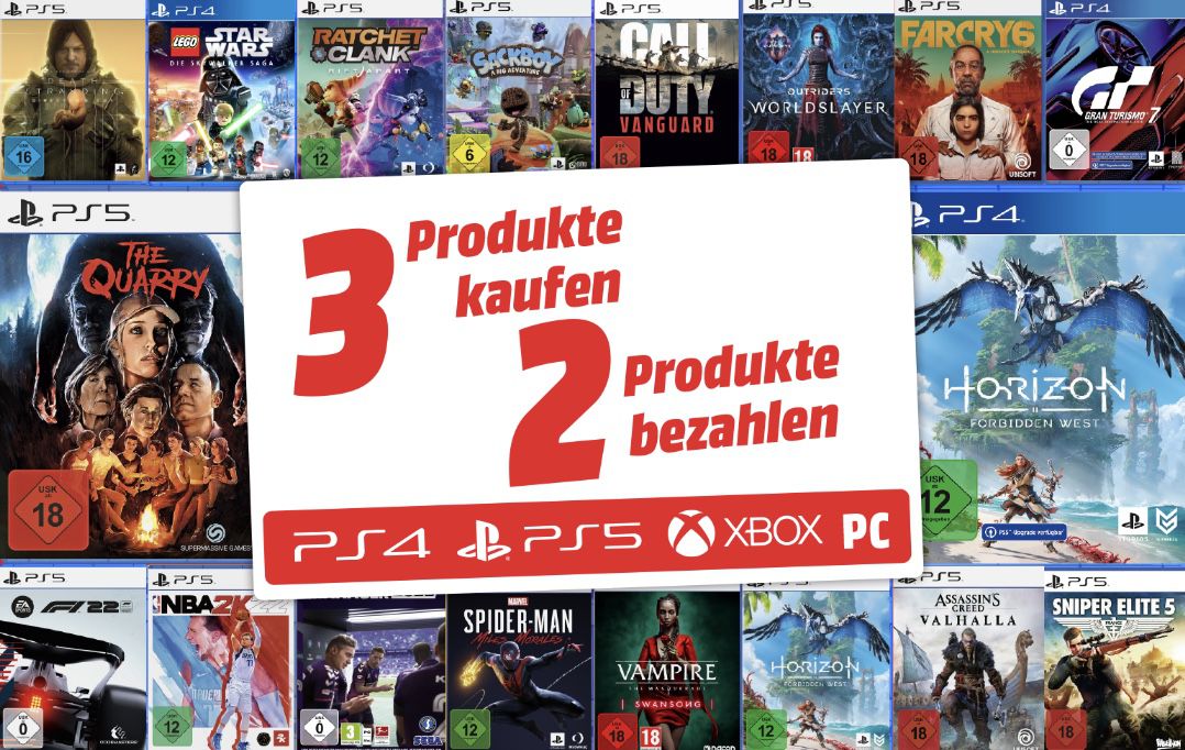 3 Games zum Preis von 2 (auch PS5)   z.B. F1 22 + Call of Duty Vanguard + The Quarry für 133,98€ (statt 158€)