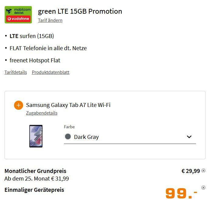 Samsung Galaxy S21+ 5G mit 128GB + Samsung Galaxy Tab A7 Lite für 99€ + Vodafone Allnet Flat mit 15GB LTE für 29,99€ mtl.