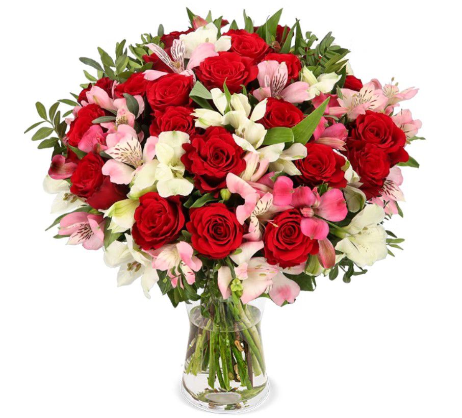 Liebesgruß mit roten Rosen u. Inkalilien bis 100 Blüten für 26,98€