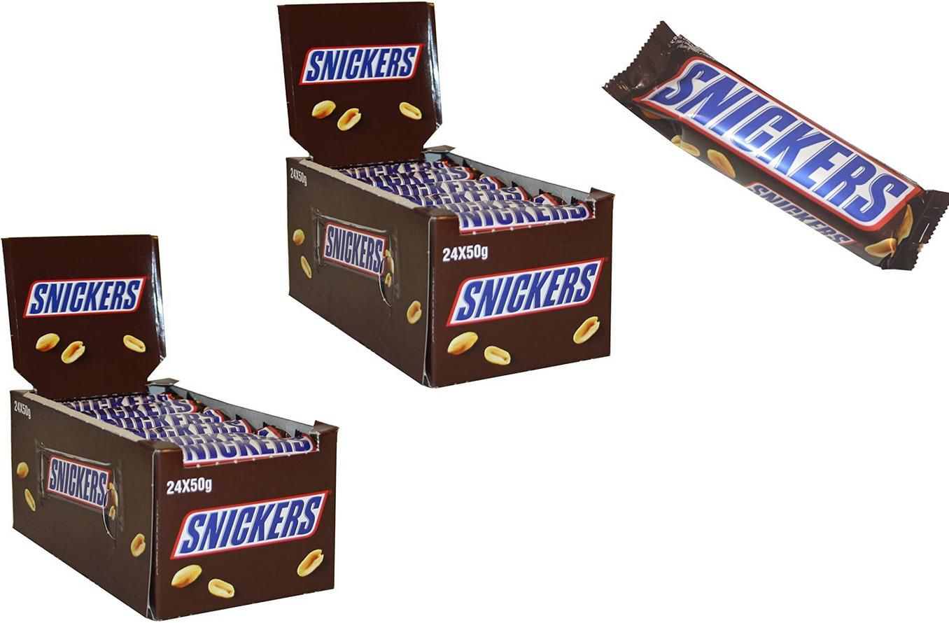 48x Snickers je 50g   2x 24 x 50g für 14,98€ (statt 28€)   MHD: 27.02.2022