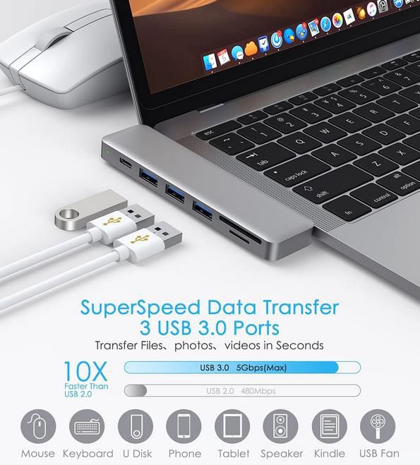Floomp 7 in 2 USB C Hub mit Thunderbolt 3, USB 3.0 und HDMI für 15,99€ (statt 32€)
