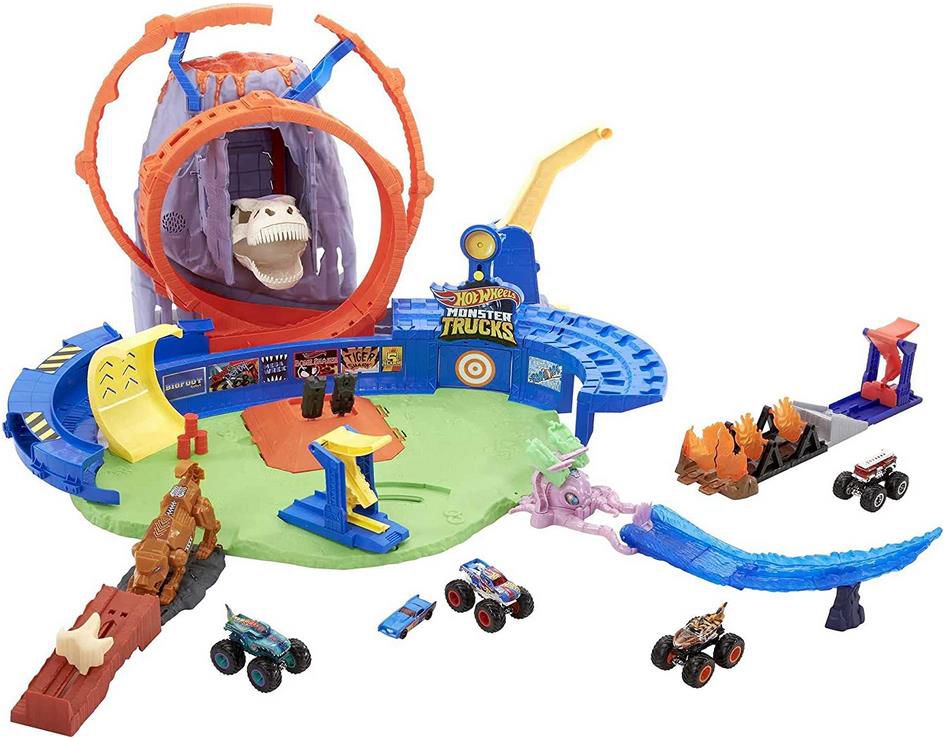 Hot Wheels GYL14   Monster Trucks T Rex Vulkanarena Spielset mit Lichtern und Geräuschen für 57,73€ (statt 90€)