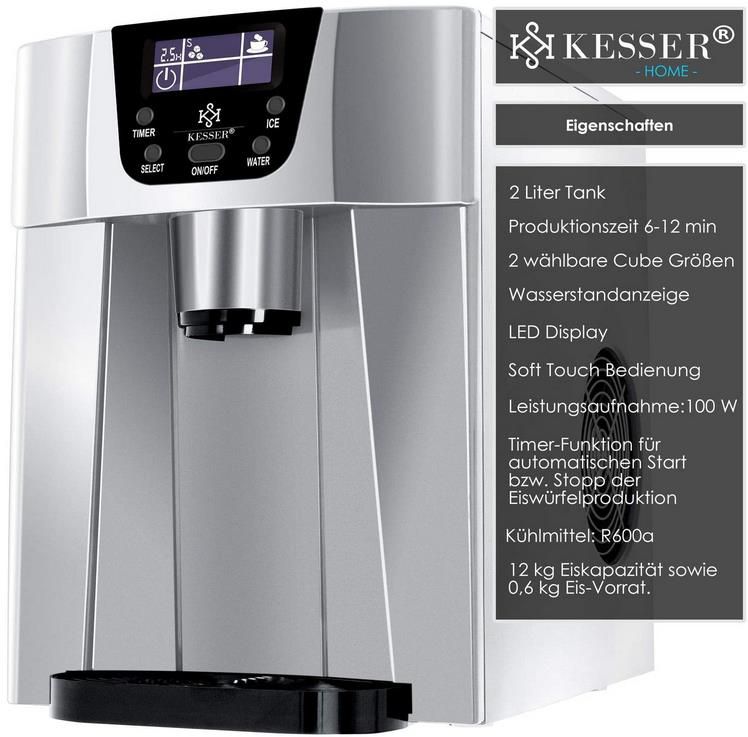 Kesser Eiswürfelbereiter 12 kg in 24 h, 2 Würfelgrößen und 2 Liter Wassertank für 112,35€ (statt 150€)