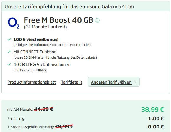 Samsung Galaxy S21 5G mit 128GB für 1€ + o2 Allnet Flat mit 40GB LTE/5G für 38,99€ mtl. + 100€ Wechselbonus