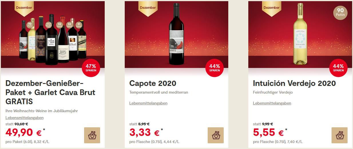 Vinos: 15€ Rabatt auf einen Einkauf ab 99€   z.B. 2x Dezember Genießer Paket + Garlet Cava Brut GRATIS für 85,79€ (statt 101€)