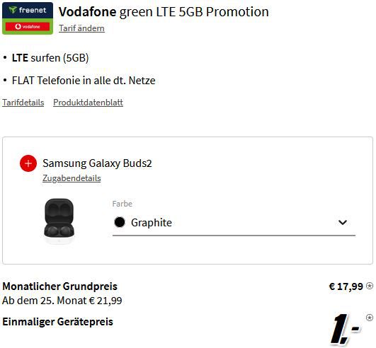 Samsung Galaxy S20 FE 128GB (Snapdragon) + Galaxy Buds2 für 1€ + Vodafone Allnet Flat mit 5GB LTE für 17,99€ mtl.