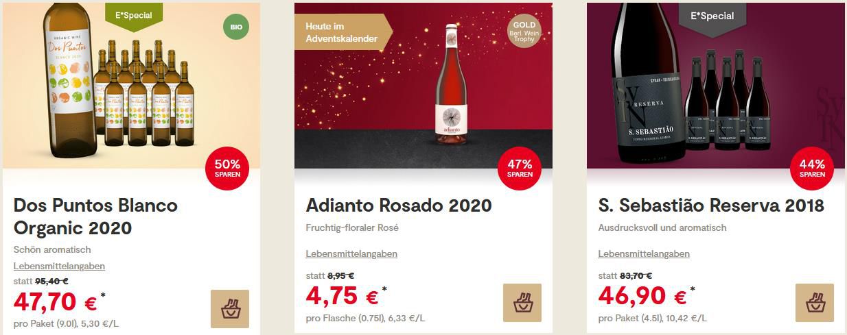 Vinos: 15€ Rabatt auf einen Einkauf ab 99€   z.B. 2x Dezember Genießer Paket + Garlet Cava Brut GRATIS für 85,79€ (statt 101€)