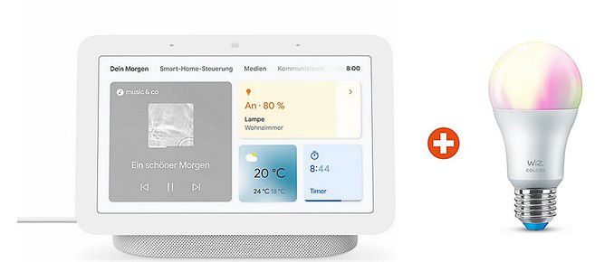 Google Nest Hub (2. Gen) + WiZ E27 Wi Fi LED Lampe RGB ab 54€ (statt 83€)