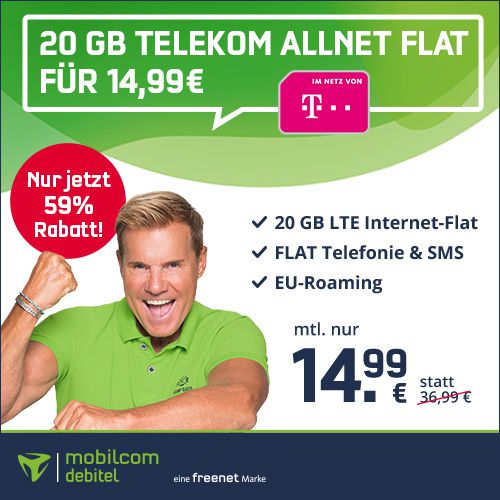 Telekom Allnet Flat von mobilcom mit 20GB LTE für 14,99€ mtl.