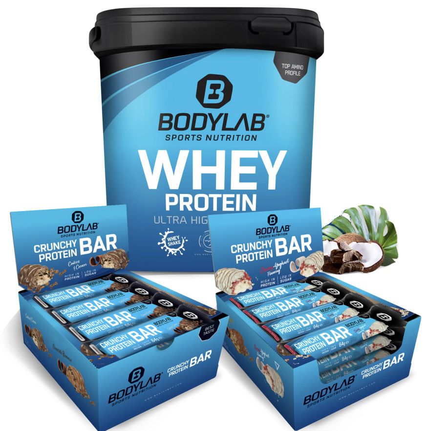 1kg Whey Protein Schokolade Kokosnuss + 24x Crunchy Protein Bar für 34,78€ (statt 58€)