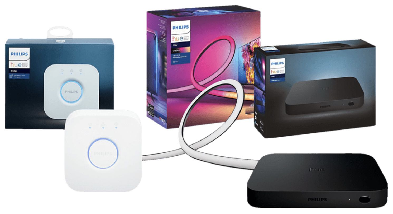 Philips Hue Bundle mit HDMI Sync Box + Gradient Lightstrip 55 60 Zoll + Bridge ab 299€ (statt 421€)