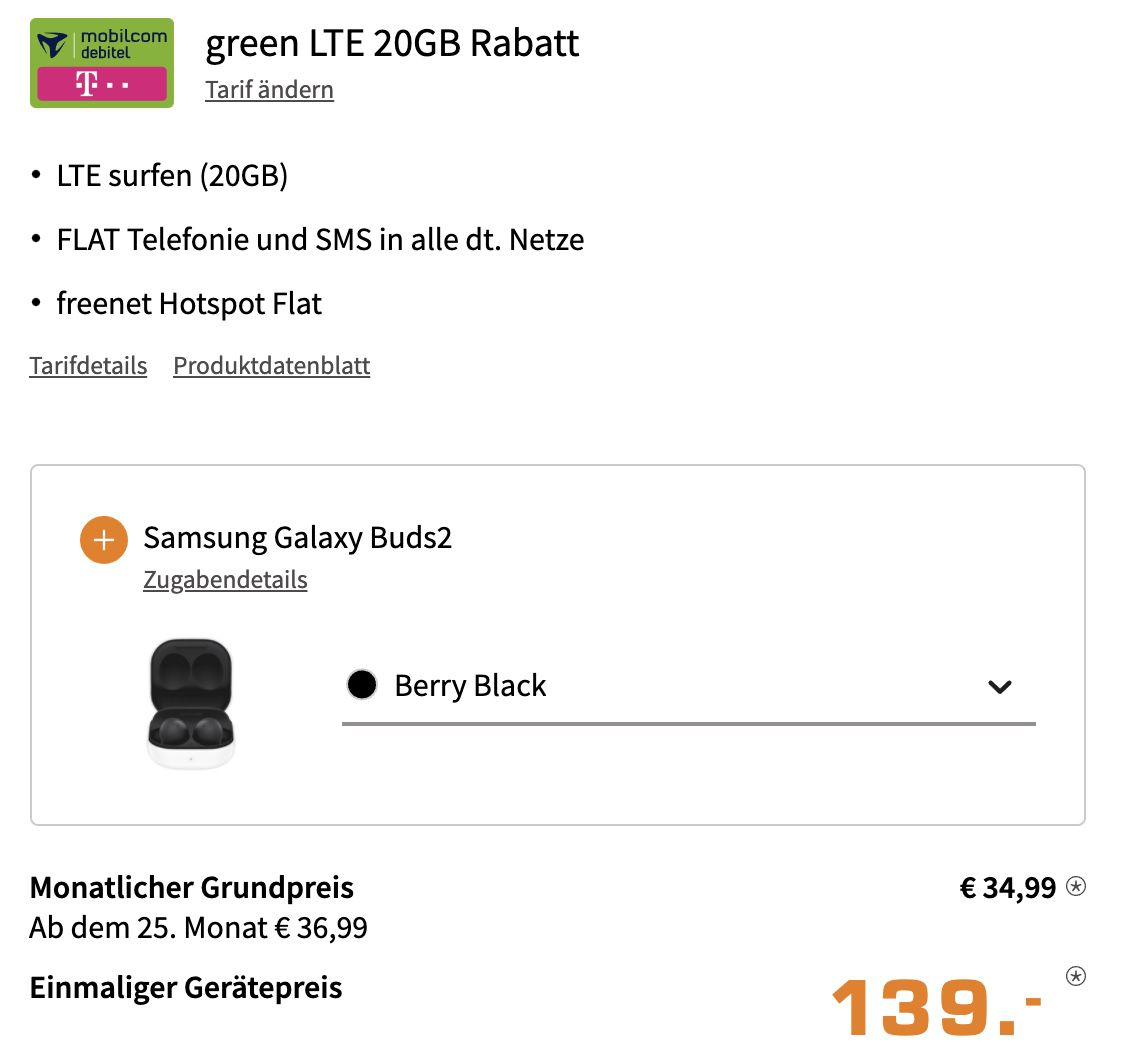 Samsung Galaxy S21 FE 5G mit 256GB + Galaxy Buds2 für 139€ + Telekom Allnet Flat mit 20GB LTE für 34,99€ mtl.