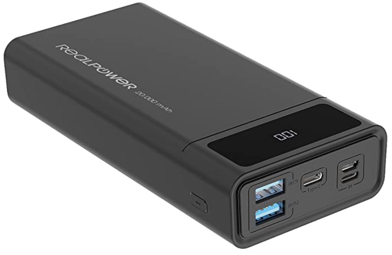 RealPower PB 20k PD Powerbank mit 20000mAh, 2 USB Ports, USB C sowie Lightning Eingang für 14,99€ (statt 27€)   Prime