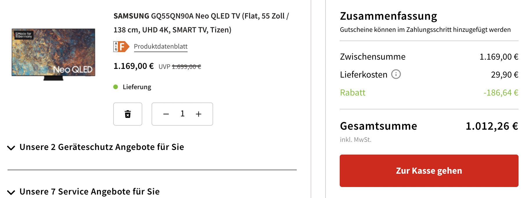Samsung GQ55QN90A Neo 55Zoll QLED UHD TV für 1.012,26€ (statt 1.169€)