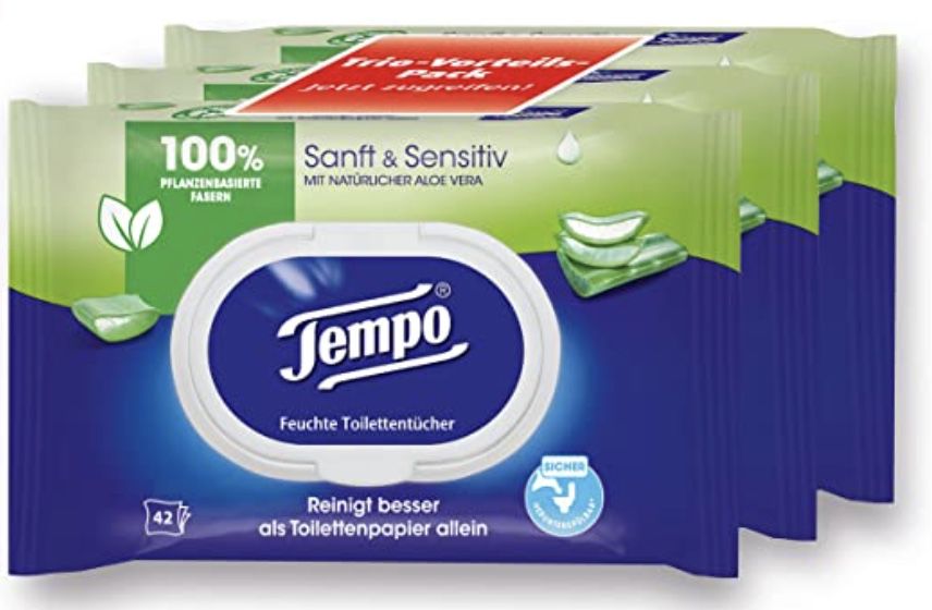 18er Pack Tempo feuchtes Toilettenpapier sanft und sensitiv ab 15,39€ (statt 21€)   Prime Sparabo