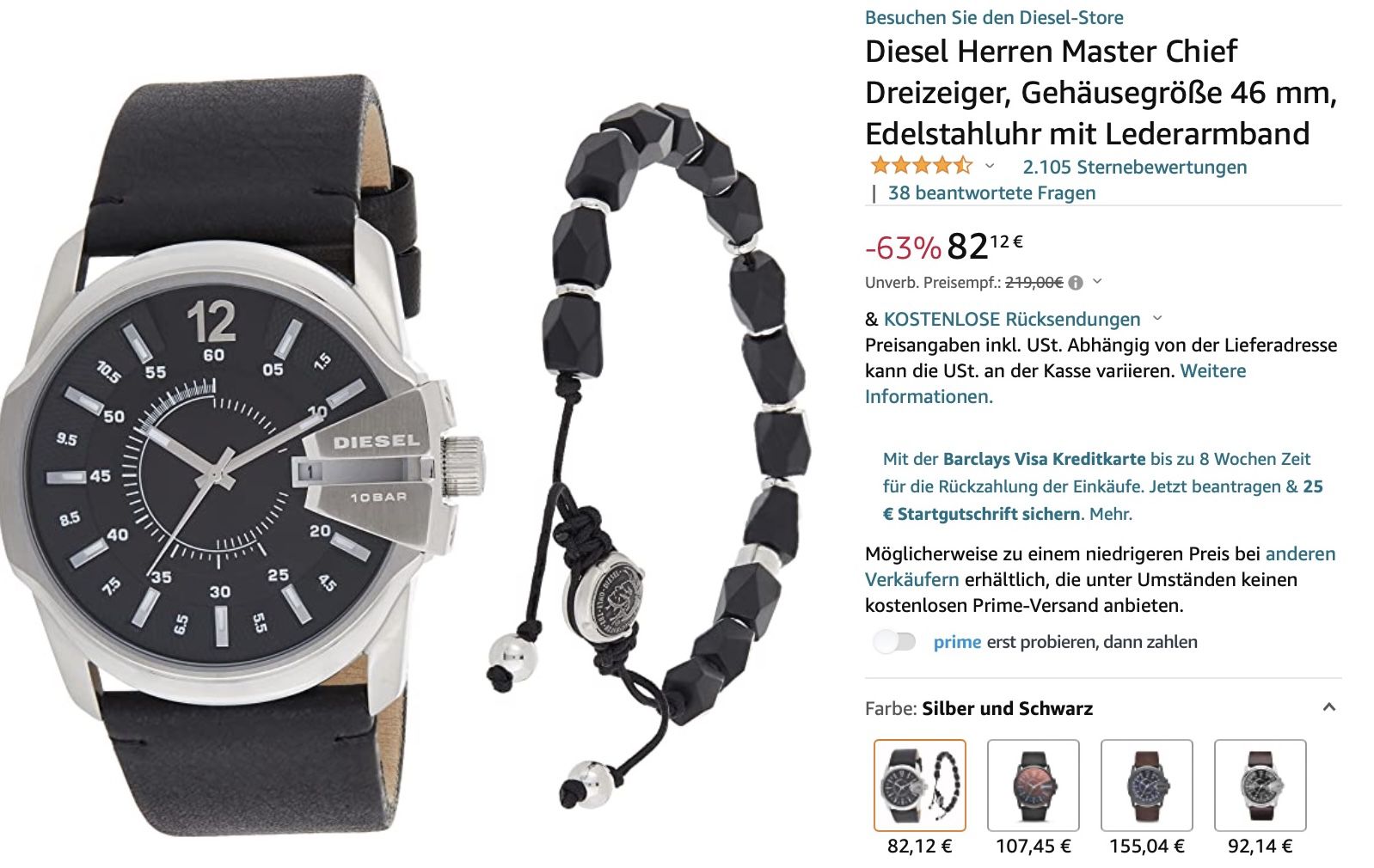 Diesel DZ1907 Master Chief Herren Uhr mit Lederarmband für 82,12€ (statt 110€)