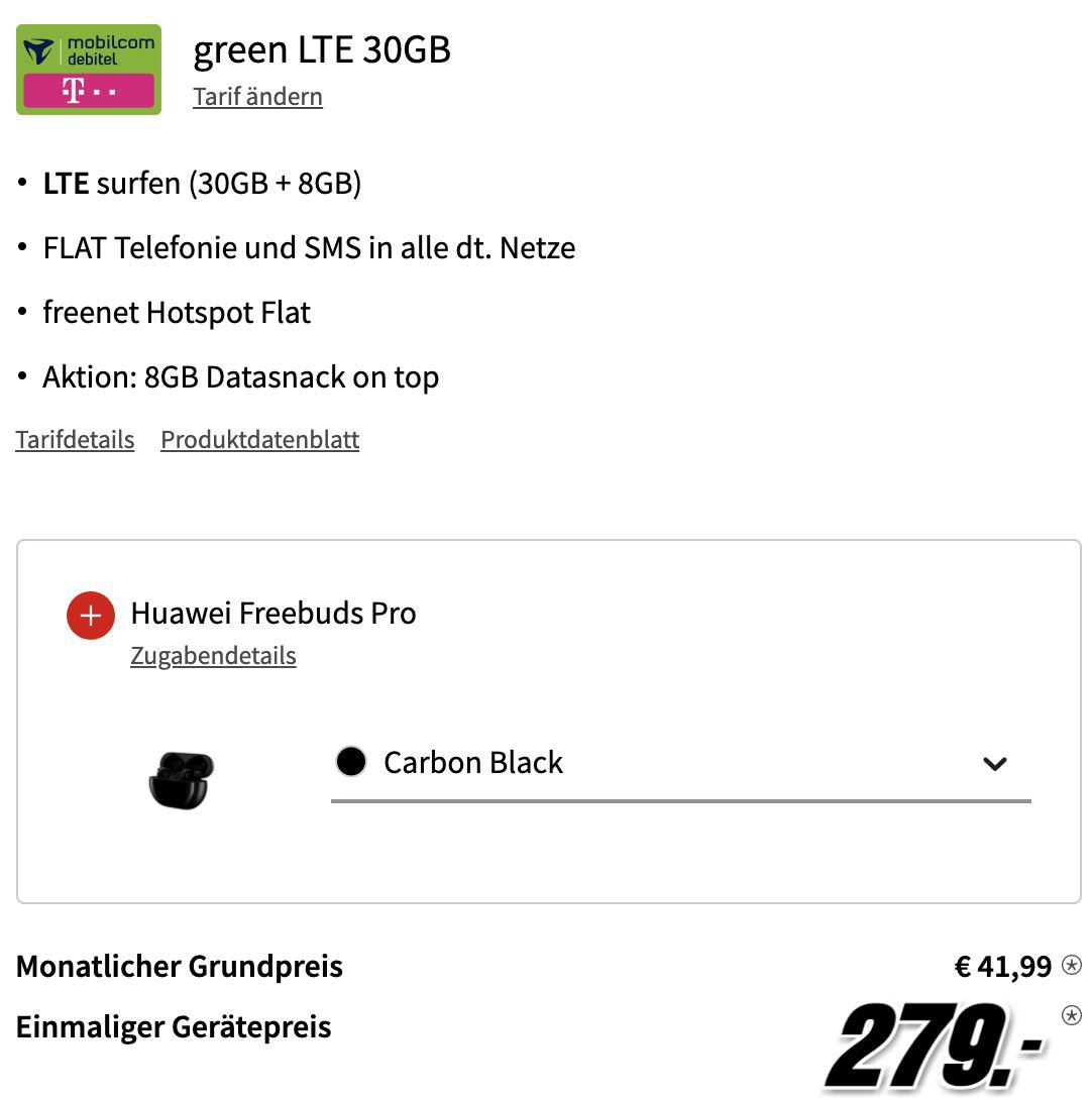 Huawei P50 Pro mit 256GB + Freebuds Pro für 279€ + Telekom Allnet Flat mit 38GB LTE für 41,99€ mtl.