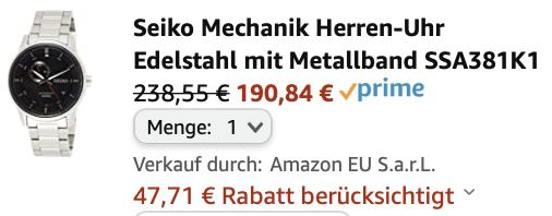 Seiko SSA381P1 Automatikuhr mit Datumsanzeige für 190,84€ (statt 239€)