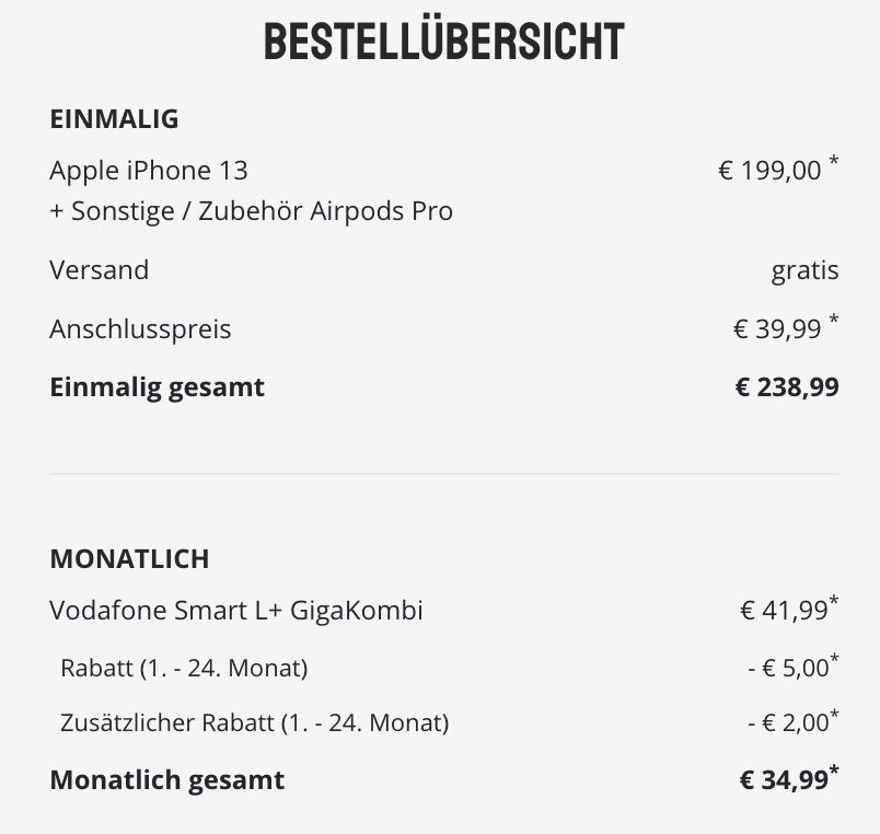 GigaKombi: Apple iPhone 13 5G mit 128GB + AirPods Pro für 199€ + Vodafone Allnet Flat mit 30GB LTE/5G für 34,99€ mtl. + 100€ Startguthaben