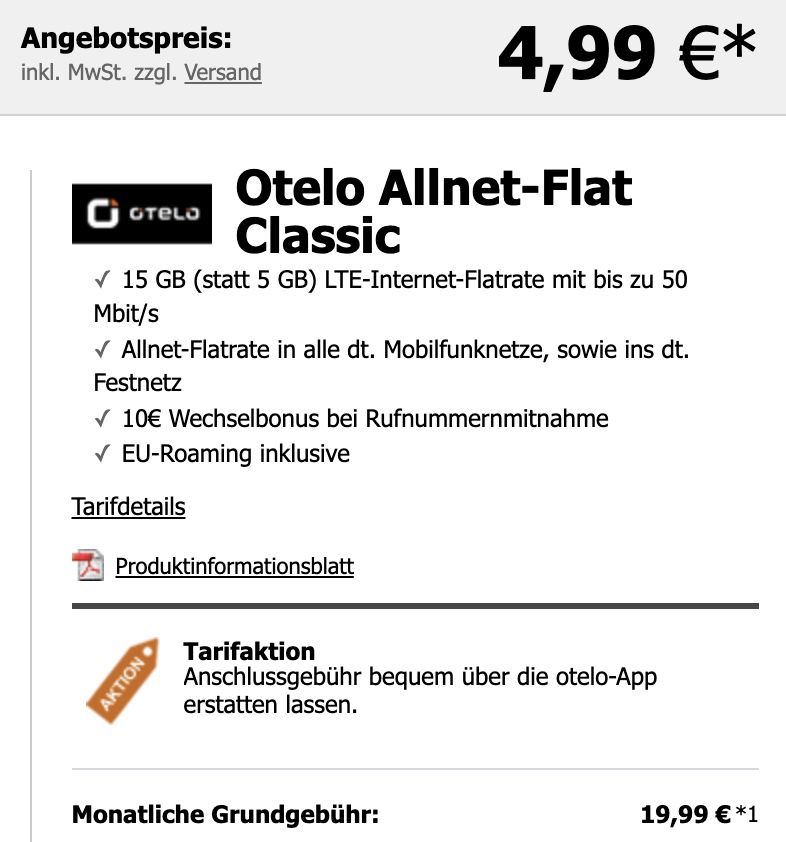 Samsung Galaxy S20 FE mit 128GB für 4,99€ + Vodafone Allnet Flat von otelo mit 15GB LTE für 19,99€ mtl.