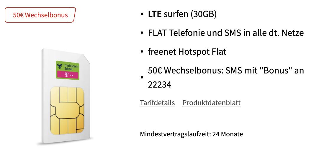 Telekom Allnet Flat mit 30GB LTE für 30€ mtl. + 450€ Coupon + 50€ Bonus