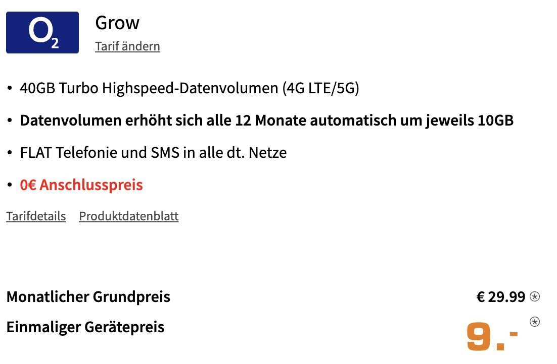 Google Pixel 6 für 9€ + o2 Grow Allnet Flat mit 40GB LTE/5G (jedes Jahr 10GB mehr) für 29,99€ mtl.