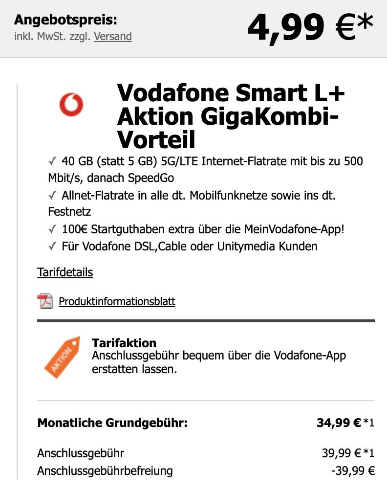 GigaKombi: Sony Xperia 5 III für 4,99€ + Vodafone Allnet Flat mit 40GB LTE/5G für 34,99€ mtl. + 100€ Bonus