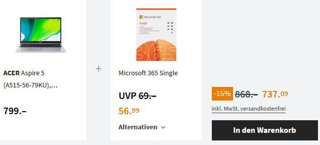 Acer Aspire 5   15 Zoll Laptop mit Core i7, 16GB RAM, 1TB SSD + Office 365 für 727€ (statt 834€)