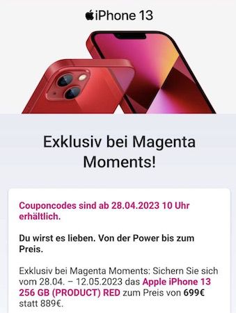 Magenta Moments: Apple iPhone 13 mit 256GB in Product Red für 699€ (statt 790€)